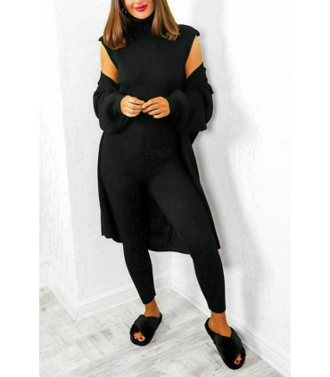 Ladies 3 Piece Suit Roll Neck Chunky Knitted Ribbed Tracksuit Lounge Set