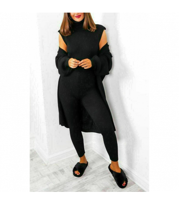 Ladies 3 Piece Suit Roll Neck Chunky Knitted Ribbed Tracksuit Lounge Set