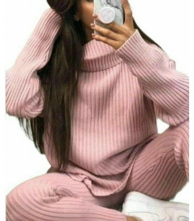 Ladies Chunky Knitted Ribbed Polo High Neck Top Leggings Loungewear Suit Set