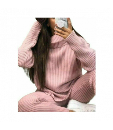 Ladies Chunky Knitted Ribbed Polo High Neck Top Leggings Loungewear Suit Set