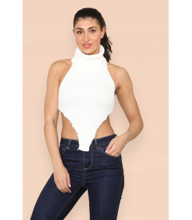 High Neck Roll Knitted Backless Front Cropped Top
