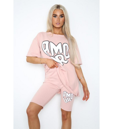 Amour Side Slit Cycling Short and T-Shirts Co-Ord Two Piece Set with Front Amour Slogan