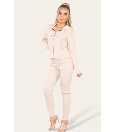 Front Pocket Zip Suit Ribbed Hooded Lounge Wear Set