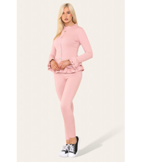 Long Sleeves Peplum Front Buttons Frilled Hem Lounge Wear Set