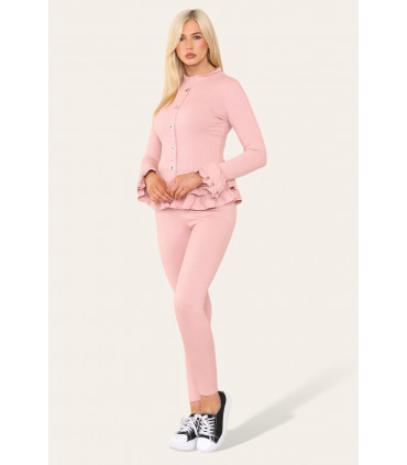 Long Sleeves Peplum Front Buttons Frilled Hem Lounge Wear Set