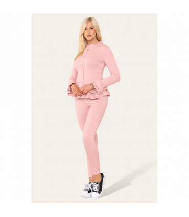 Long Sleeves Peplum Front Buttons Frilled Hem Lounge Wear Set