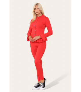 Long Sleeves Peplum Front Buttons Frilled Hem Lounge Wear Set