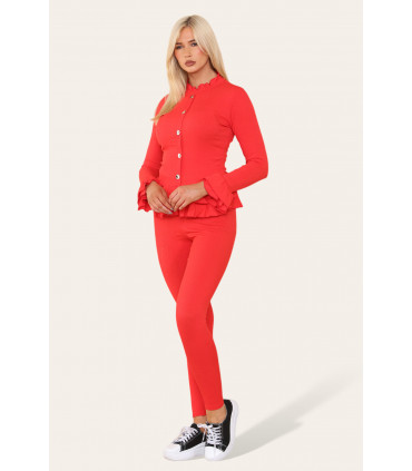 Long Sleeves Peplum Front Buttons Frilled Hem Lounge Wear Set