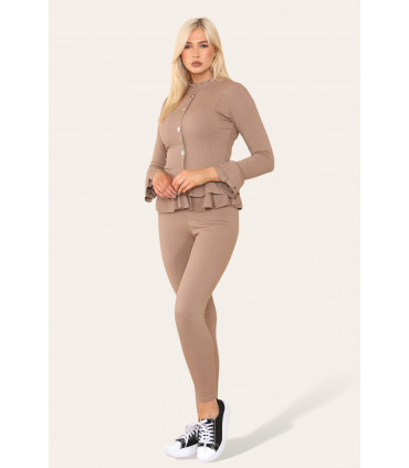 Long Sleeves Peplum Front Buttons Frilled Hem Lounge Wear Set