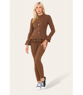 Long Sleeves Peplum Front Buttons Frilled Hem Lounge Wear Set