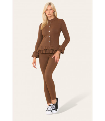 Long Sleeves Peplum Front Buttons Frilled Hem Lounge Wear Set