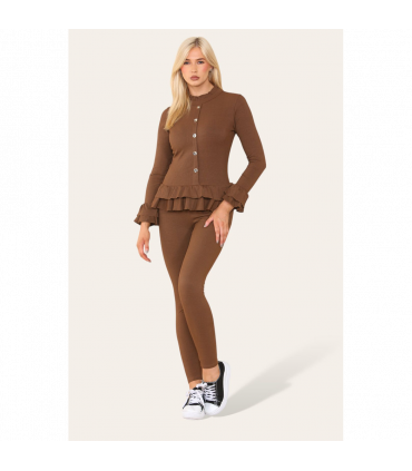 Long Sleeves Peplum Front Buttons Frilled Hem Lounge Wear Set