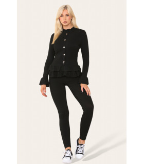 Long Sleeves Peplum Front Buttons Frilled Hem Lounge Wear Set