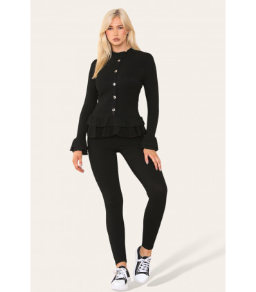 Long Sleeves Peplum Front Buttons Frilled Hem Lounge Wear Set