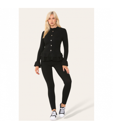 Long Sleeves Peplum Front Buttons Frilled Hem Lounge Wear Set