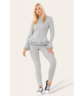 Long Sleeves Peplum Front Buttons Frilled Hem Lounge Wear Set