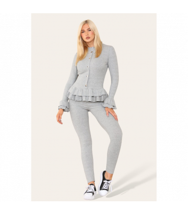 Long Sleeves Peplum Front Buttons Frilled Hem Lounge Wear Set