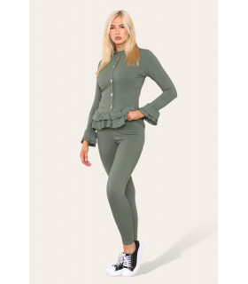 Long Sleeves Peplum Front Buttons Frilled Hem Lounge Wear Set