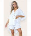 Women’s Casual Oversized Gold Button Pleated Frilled Ruffle Short Sleeves Shirt Top and Short Co-Ord Set