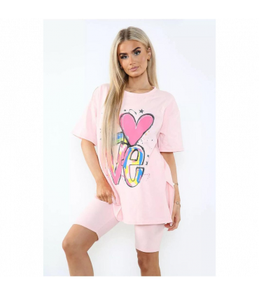 Love Side Slit Cycling Short and T-Shirts Co-Ord Two Piece Set with Front Love Slogan