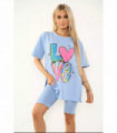 Love Side Slit Cycling Short and T-Shirts Co-Ord Two Piece Set with Front Love Slogan