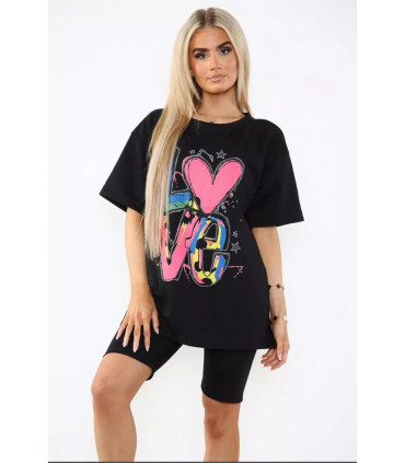 Love Side Slit Cycling Short and T-Shirts Co-Ord Two Piece Set with Front Love Slogan