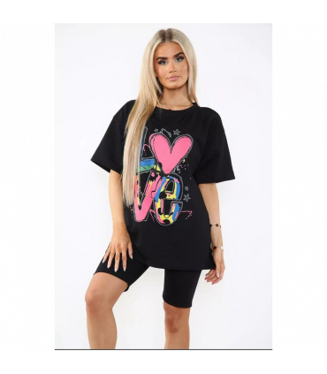 Love Side Slit Cycling Short and T-Shirts Co-Ord Two Piece Set with Front Love Slogan