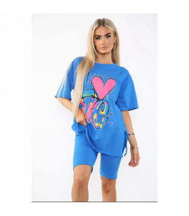 Love Side Slit Cycling Short and T-Shirts Co-Ord Two Piece Set with Front Love Slogan