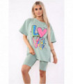 Love Side Slit Cycling Short and T-Shirts Co-Ord Two Piece Set with Front Love Slogan