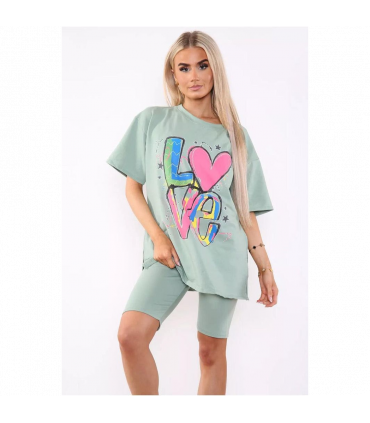 Love Side Slit Cycling Short and T-Shirts Co-Ord Two Piece Set with Front Love Slogan
