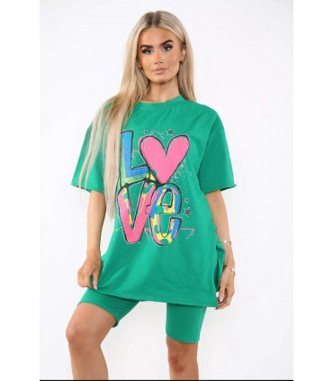 Love Side Slit Cycling Short and T-Shirts Co-Ord Two Piece Set with Front Love Slogan
