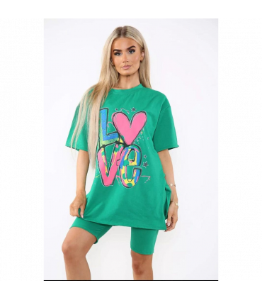 Love Side Slit Cycling Short and T-Shirts Co-Ord Two Piece Set with Front Love Slogan