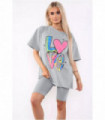 Love Side Slit Cycling Short and T-Shirts Co-Ord Two Piece Set with Front Love Slogan