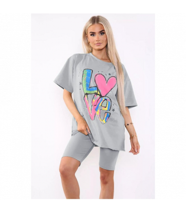 Love Side Slit Cycling Short and T-Shirts Co-Ord Two Piece Set with Front Love Slogan