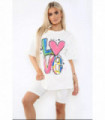 Love Side Slit Cycling Short and T-Shirts Co-Ord Two Piece Set with Front Love Slogan