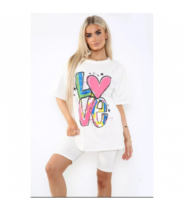 Love Side Slit Cycling Short and T-Shirts Co-Ord Two Piece Set with Front Love Slogan
