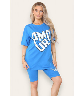 Cycling Short and T-Shirts Co-Ord Two Piece Side Slit Set with Front Printed Slogan