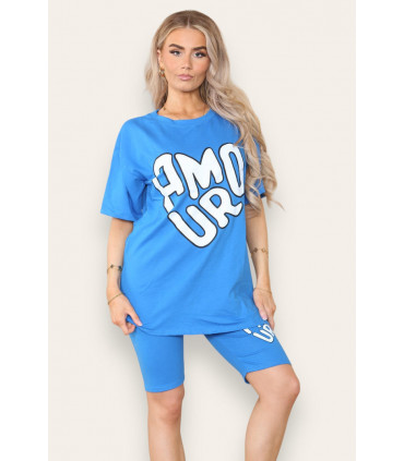 Cycling Short and T-Shirts Co-Ord Two Piece Side Slit Set with Front Printed Slogan