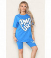 Cycling Short and T-Shirts Co-Ord Two Piece Side Slit Set with Front Printed Slogan