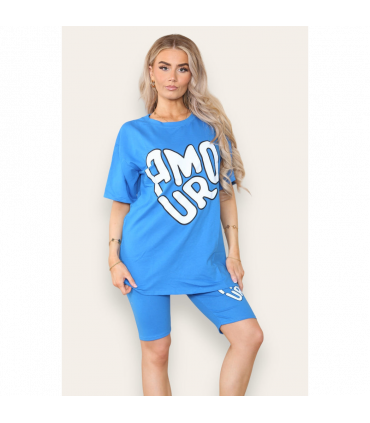 Cycling Short and T-Shirts Co-Ord Two Piece Side Slit Set with Front Printed Slogan