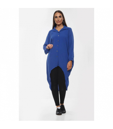 High-Low Oversized Button Long Top Shirt Dress with Hem and Long Sleeves