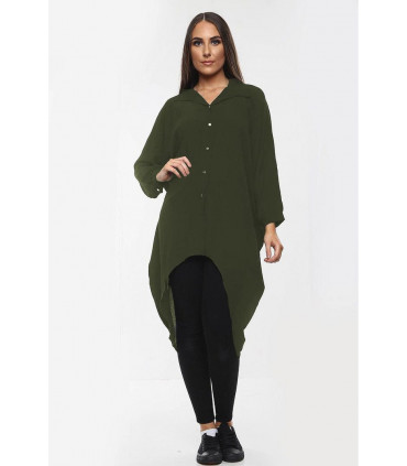 High-Low Oversized Button Long Top Shirt Dress with Hem and Long Sleeves