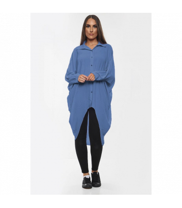 High-Low Oversized Button Long Top Shirt Dress with Hem and Long Sleeves