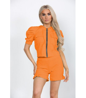 Front Pocket Zip Up Suit Ribbed Hooded Lounge Wear Short Set