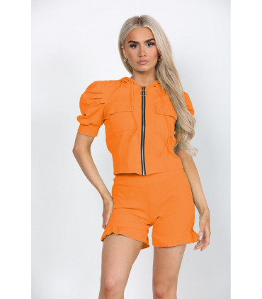 Front Pocket Zip Up Suit Ribbed Hooded Lounge Wear Short Set