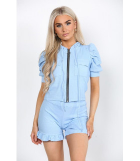 Front Pocket Zip Up Suit Ribbed Hooded Lounge Wear Short Set