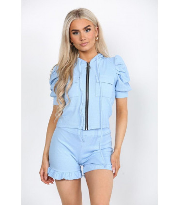 Front Pocket Zip Up Suit Ribbed Hooded Lounge Wear Short Set