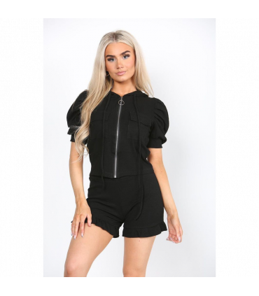 Front Pocket Zip Up Suit Ribbed Hooded Lounge Wear Short Set