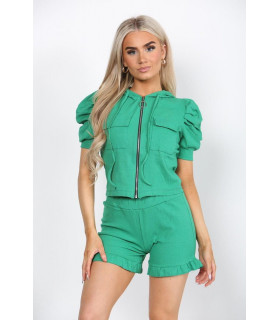 Front Pocket Zip Up Suit Ribbed Hooded Lounge Wear Short Set