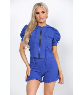 Front Pocket Zip Up Suit Ribbed Hooded Lounge Wear Short Set